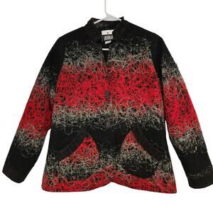 Yak Magik Black Wool Blend Art-to-Wear Red Gray String Print Jacket, Size M